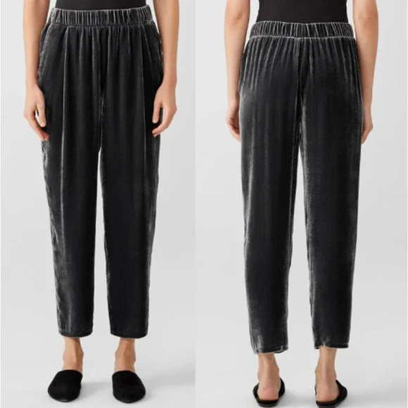 EILEEN FISHER Black Velvet Straight Leg Loungewear Pull On Pants Sz Medium M - Picture 1 of 6